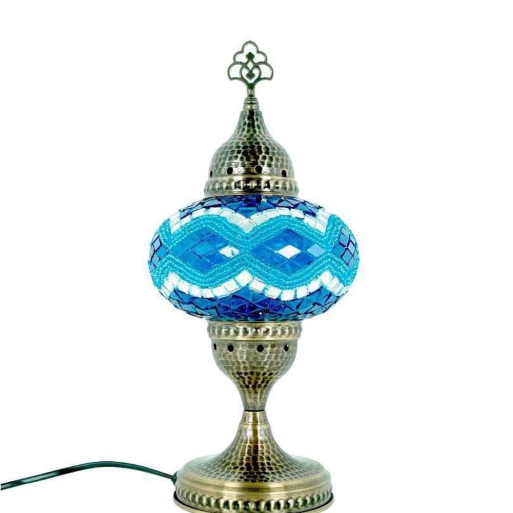 Turkish Morrocan Tiffany Blue Mosaic Style Table Lamp with Hammered Bronze